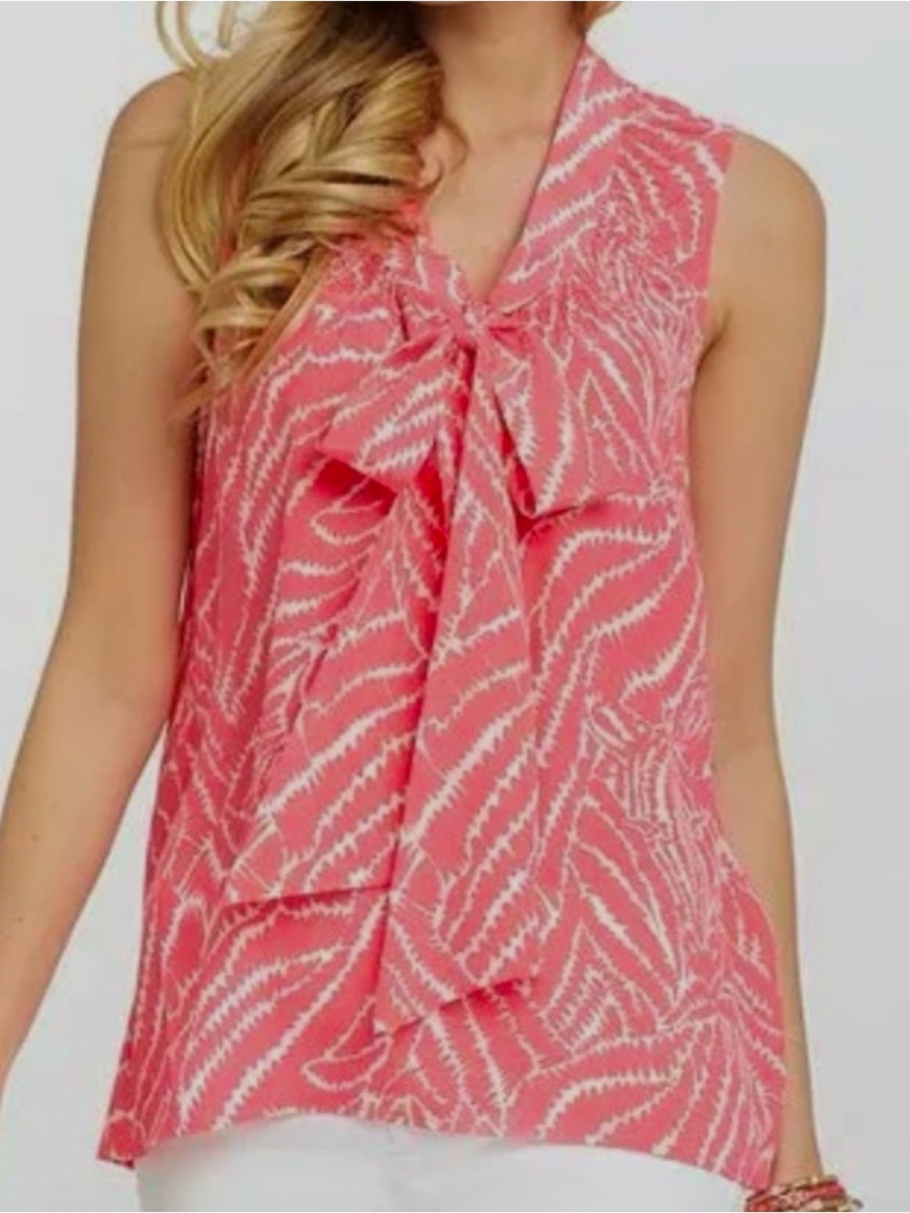 Lilly Pulitzer Dahlia Show Your Stripes 100% Silk Pink Cream Tie-Neck Blouse